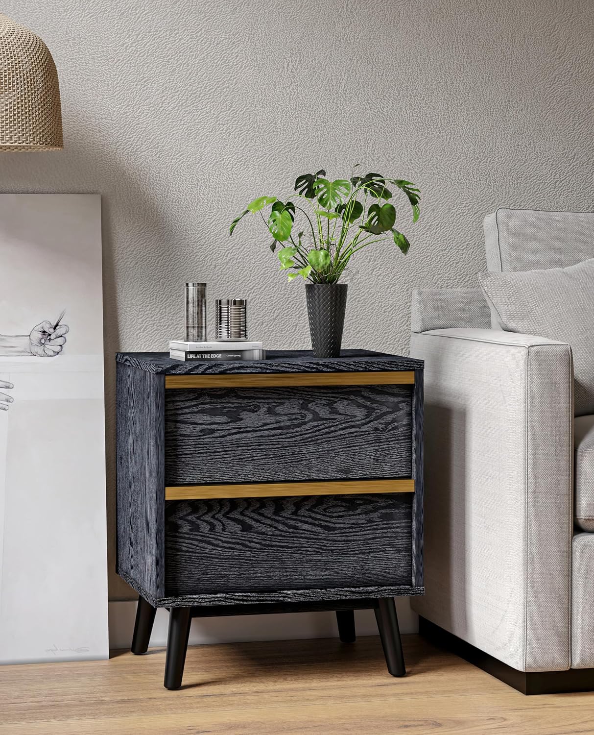 SANGO Cortland 2-Drawer Nightstand, Modern Black Wood Bedside Table with Brass Handle, Wooden Legs, Sleek Mid-Century Design, Elegant Storage for Contemporary Homes
