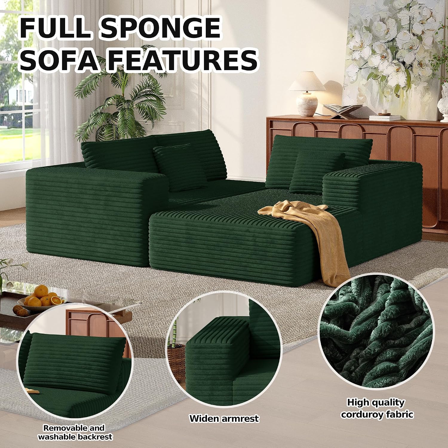 MoonSpeak 107" Sectional Boneless Couches for Living Room.Deep Seat Corduroy L Shaped Modular Sofa.Cloud Sectional Sofa.Upholstered Couches with Oversized Chaise(Green,Right Chaise)