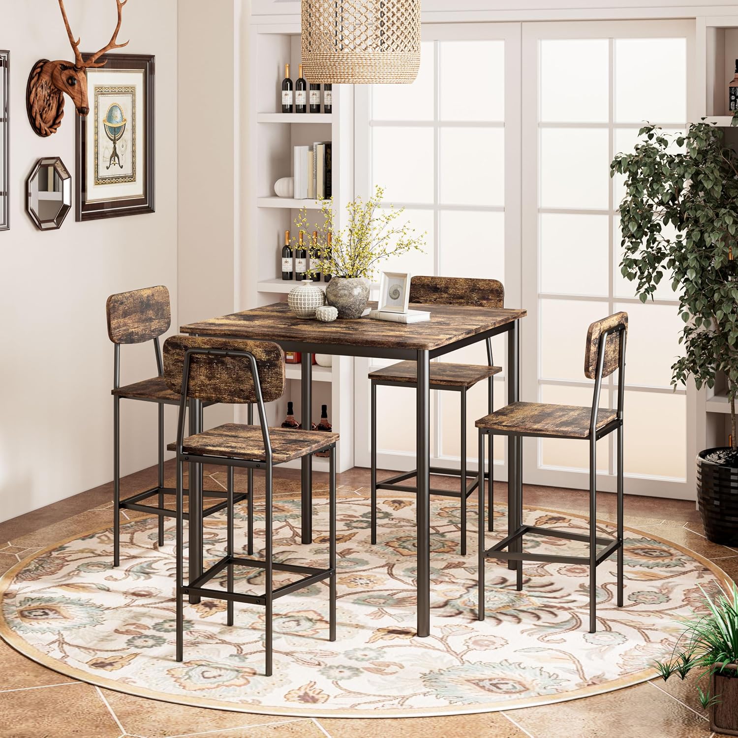 NUNU LAB Kitchen Table and Chairs of 4, Dining Table Set for 4 with Space Saving, Sturdy Industrial Space Saving Dinette Set for Pub, Dining Room, Rustic Brown