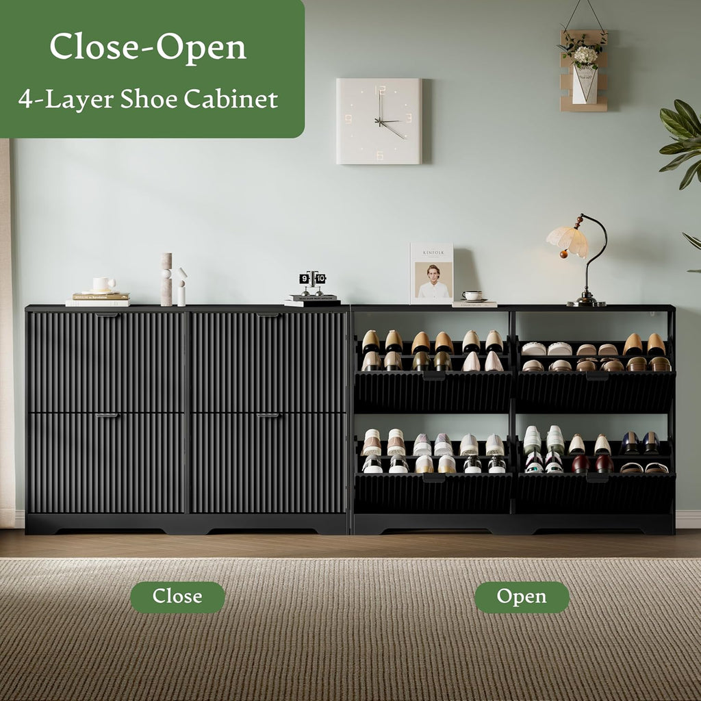 Xixini Shoe Storage Cabinet for Entryway with 4 Flip Drawers, Hidden Slim Wood Shoe Organizer with Modern Fluted Panel, Freestanding Narrow Shoe Rack for Front Door Entrance, Hallway, Foyer, Black