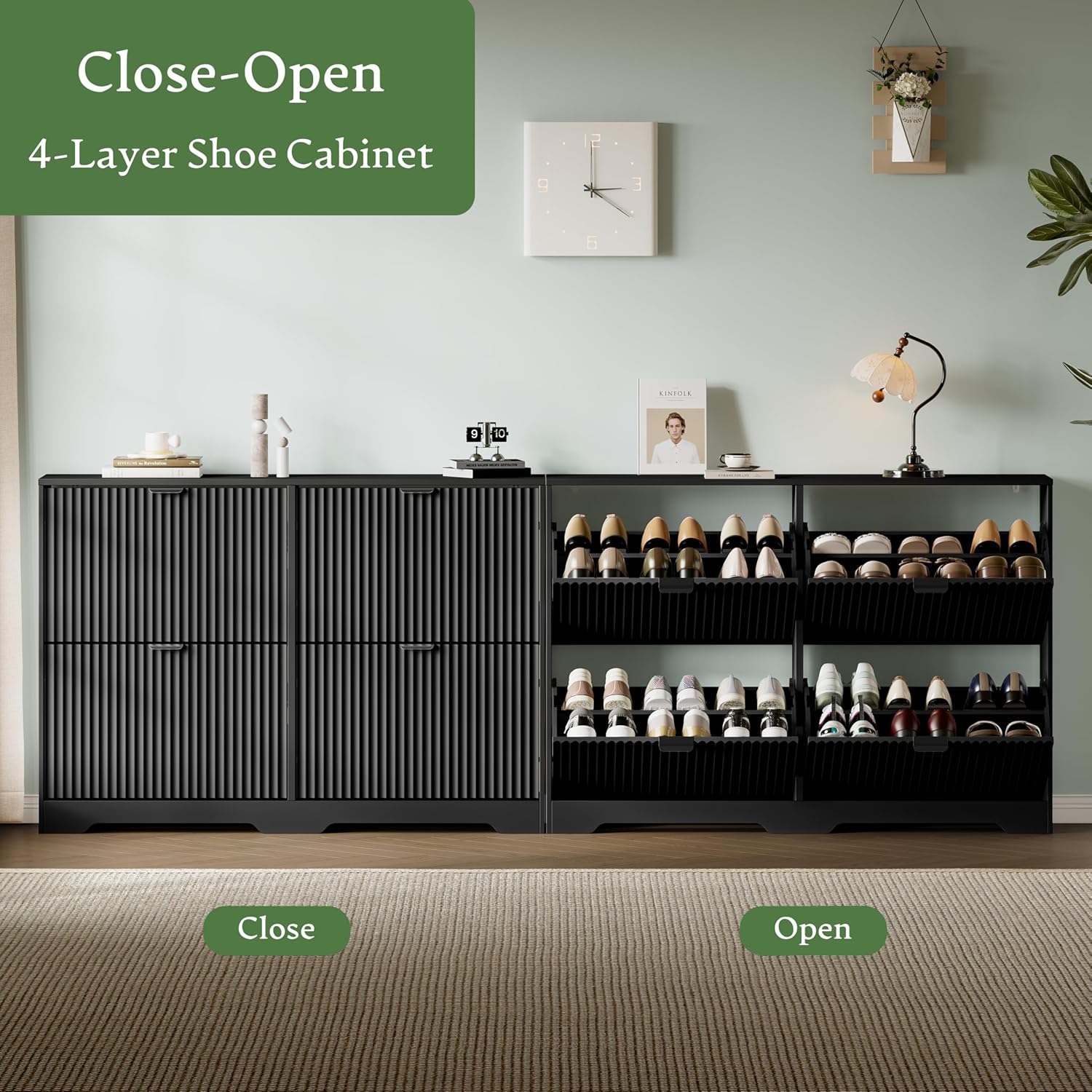 Xixini Shoe Storage Cabinet for Entryway with 4 Flip Drawers, Hidden Slim Wood Shoe Organizer with Modern Fluted Panel, Freestanding Narrow Shoe Rack for Front Door Entrance, Hallway, Foyer, Black