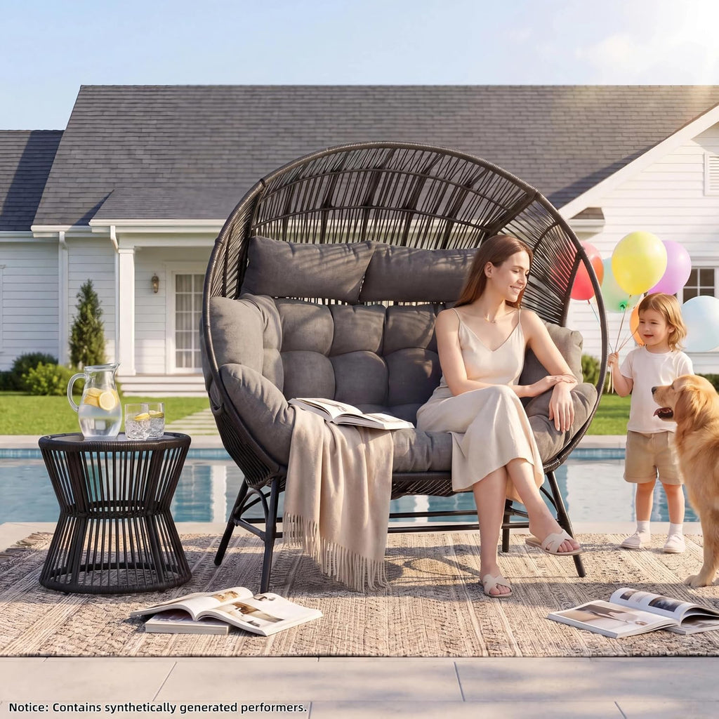 IRONCK Outdoor Round Egg Chair with Armrest, Double Lounge Chair with Cushions and Headrests, Wicker Egg Seat for Patio Backyard, Black