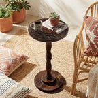 Rustic Wooden End Table 12x22 - Handcrafted Carved Side Table, Burnt Finish Bedside Table for Bedroom, Small Accent Table or Nightstand for Living Room