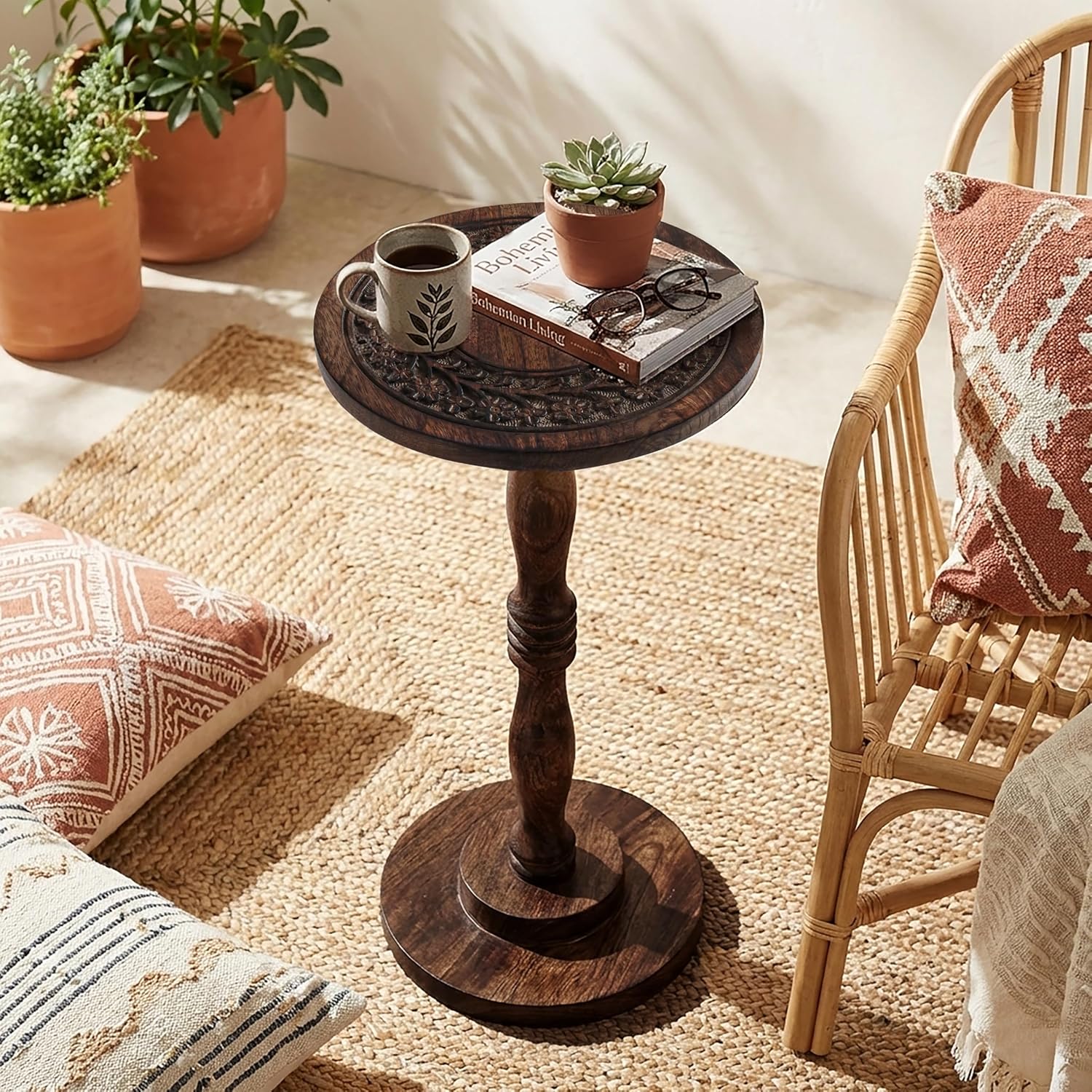 Rustic Wooden End Table 12x22 - Handcrafted Carved Side Table, Burnt Finish Bedside Table for Bedroom, Small Accent Table or Nightstand for Living Room