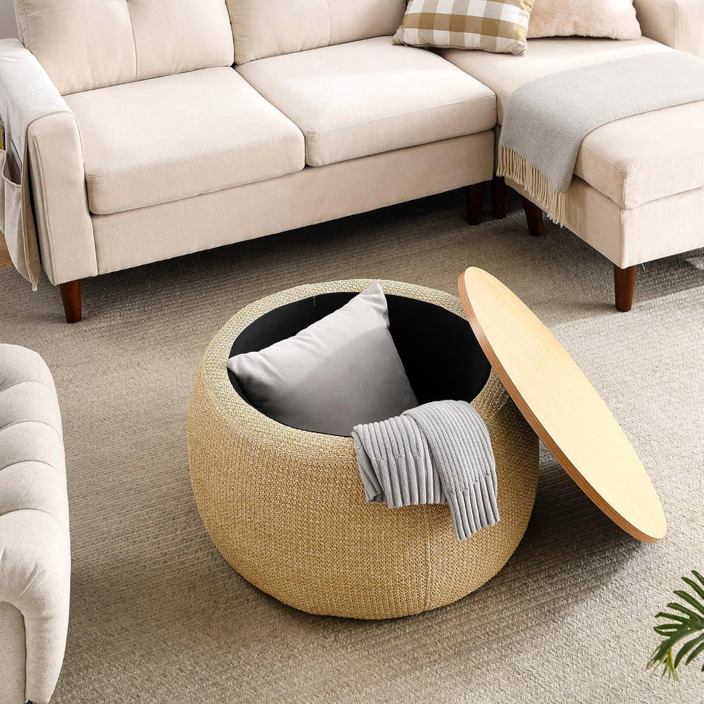 Modern Round Storage Ottoman with Wooden Top,Handmade Luxury Pleated Circle Fabric Storage Ottoman Coffee Table,End Table & Footstool for Living Room（Natural）