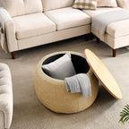 Modern Round Storage Ottoman with Wooden Top,Handmade Luxury Pleated Circle Fabric Storage Ottoman Coffee Table,End Table & Footstool for Living Room（Natural）