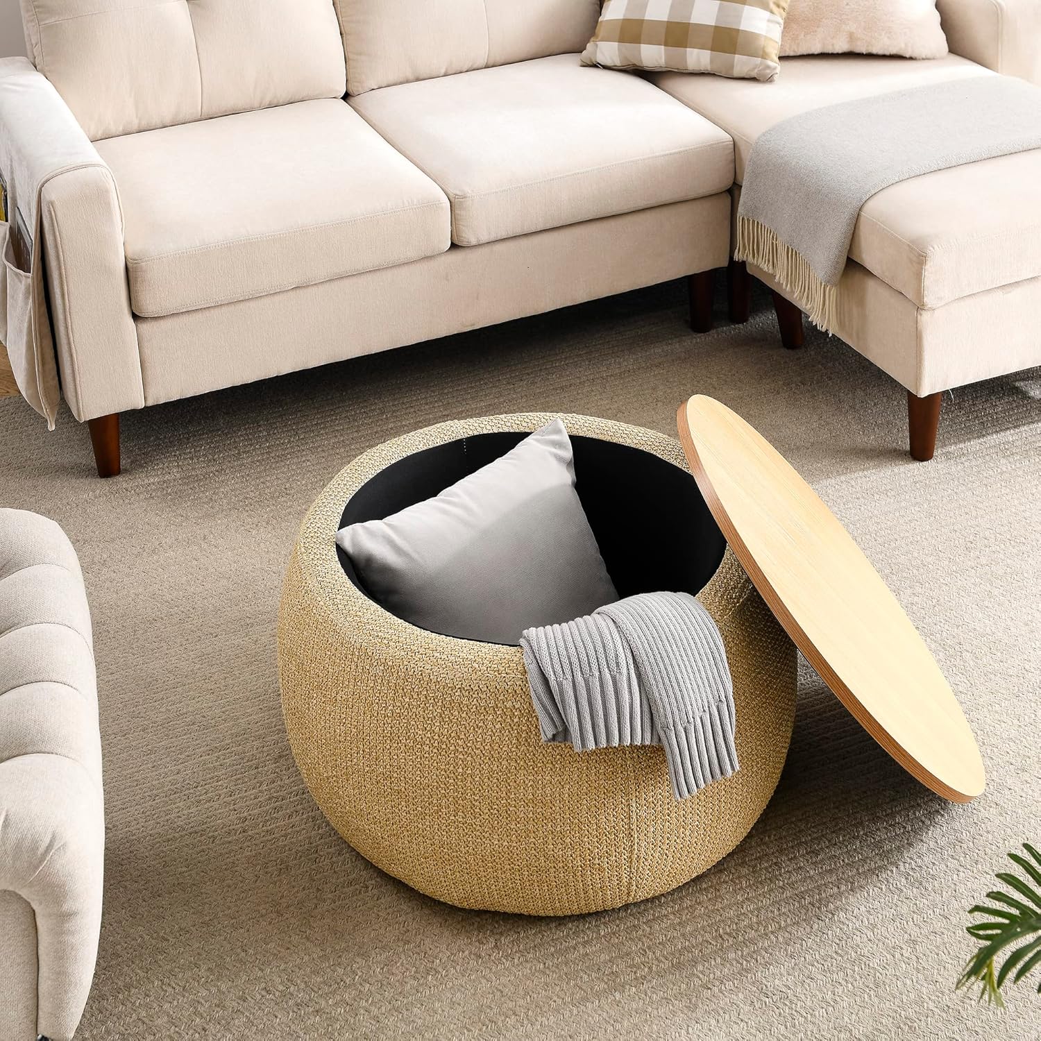 Modern Round Storage Ottoman with Wooden Top,Handmade Luxury Pleated Circle Fabric Storage Ottoman Coffee Table,End Table & Footstool for Living Room（Natural）