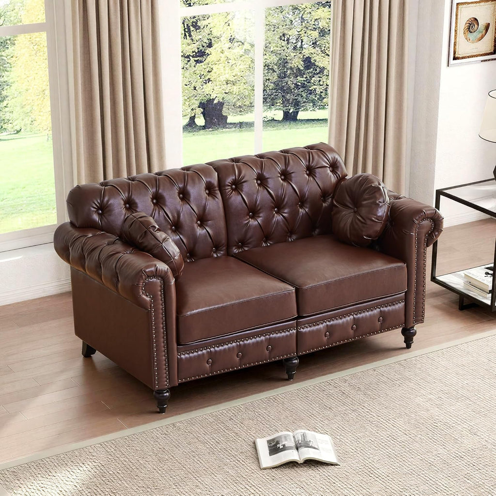 ORRD Chesterfield Small Loveseat, High Back Modern Faux Leather Couch with Button Tufted, Nailhead Trim, Rolled Arms, Extra Round Cushion – Classic Sofa for Living Room, Lounge, or Office, Dark Brown
