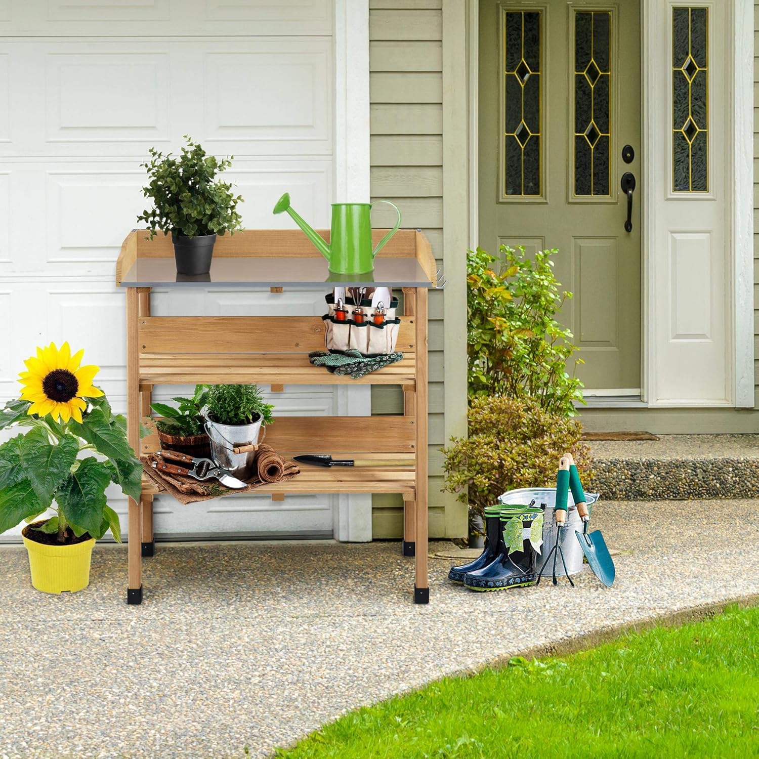 costoffs Wooden Potting Bench Table Garden Fir Wood Potting Table with Storage Shelf and Hooks, 77x37x90 cm Wood