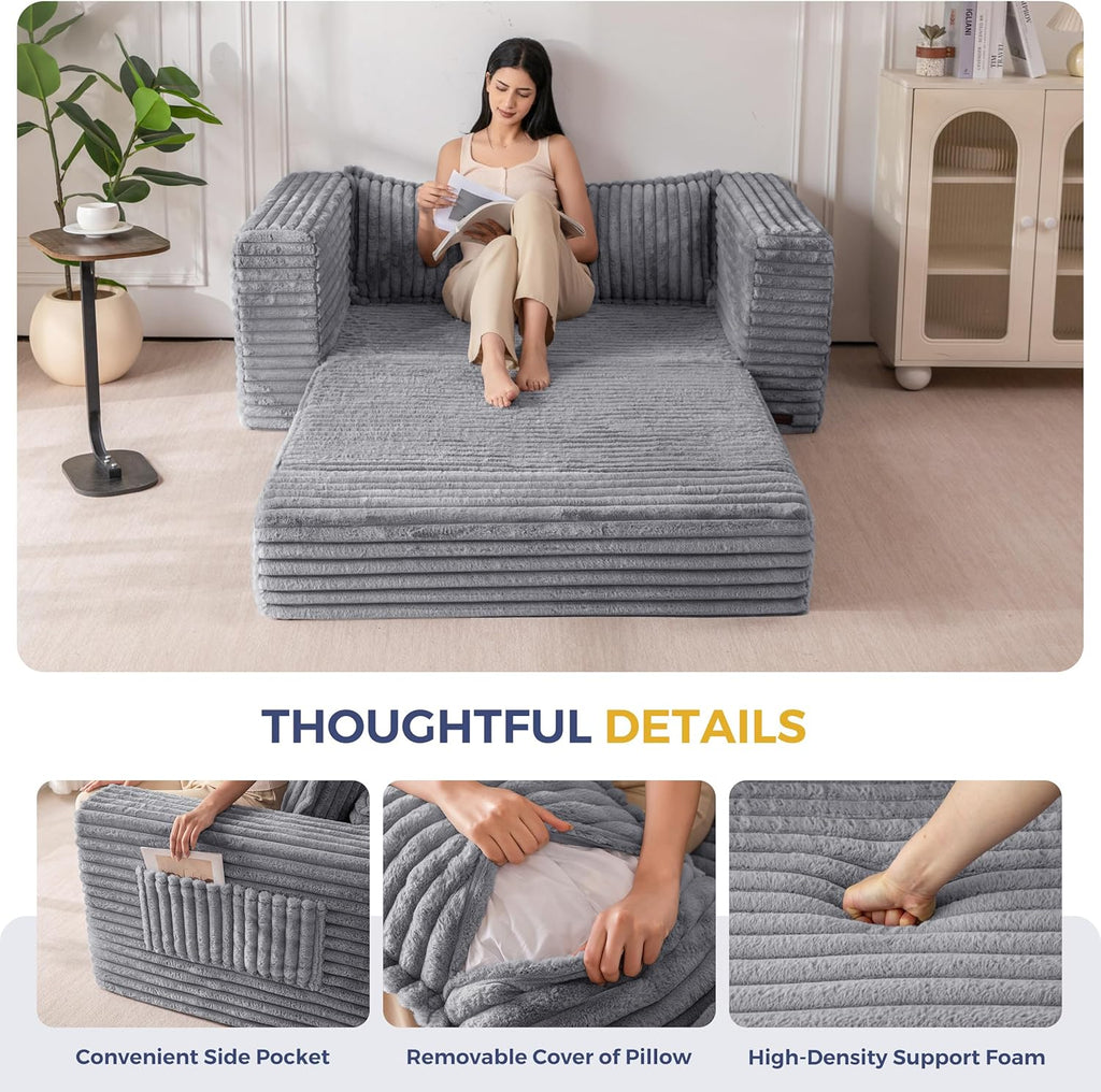 MAXYOYO Convertible Sofa Bed, 2 in 1 Folding Couch Bed for Small Space, Pull Out Loveseat Sofa Couch with Large Back Pillow, Plush Faux Fabric Lounge Couch for Living Room, Apartment, Grey