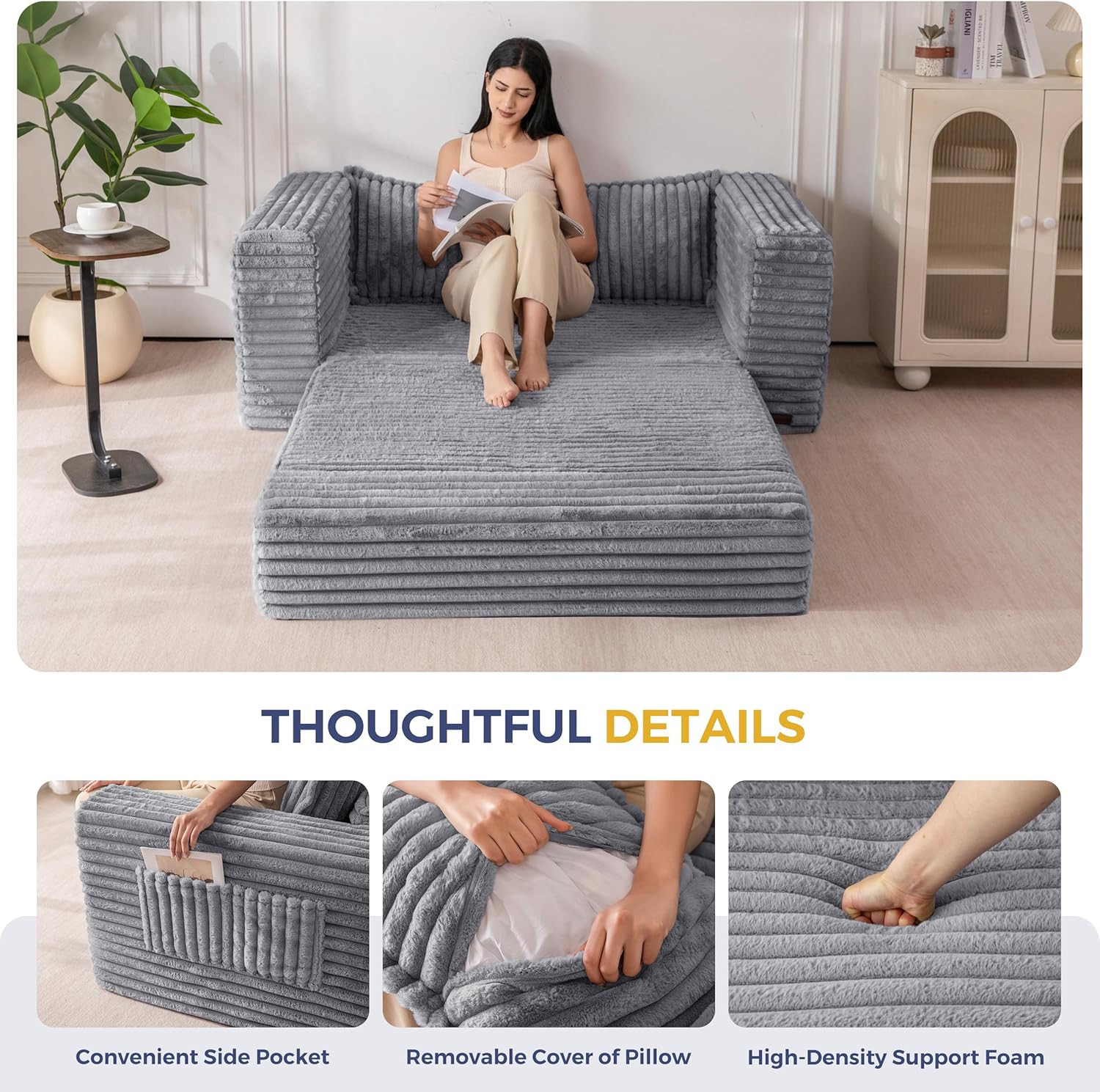 MAXYOYO Convertible Sofa Bed, 2 in 1 Folding Couch Bed for Small Space, Pull Out Loveseat Sofa Couch with Large Back Pillow, Plush Faux Fabric Lounge Couch for Living Room, Apartment, Grey