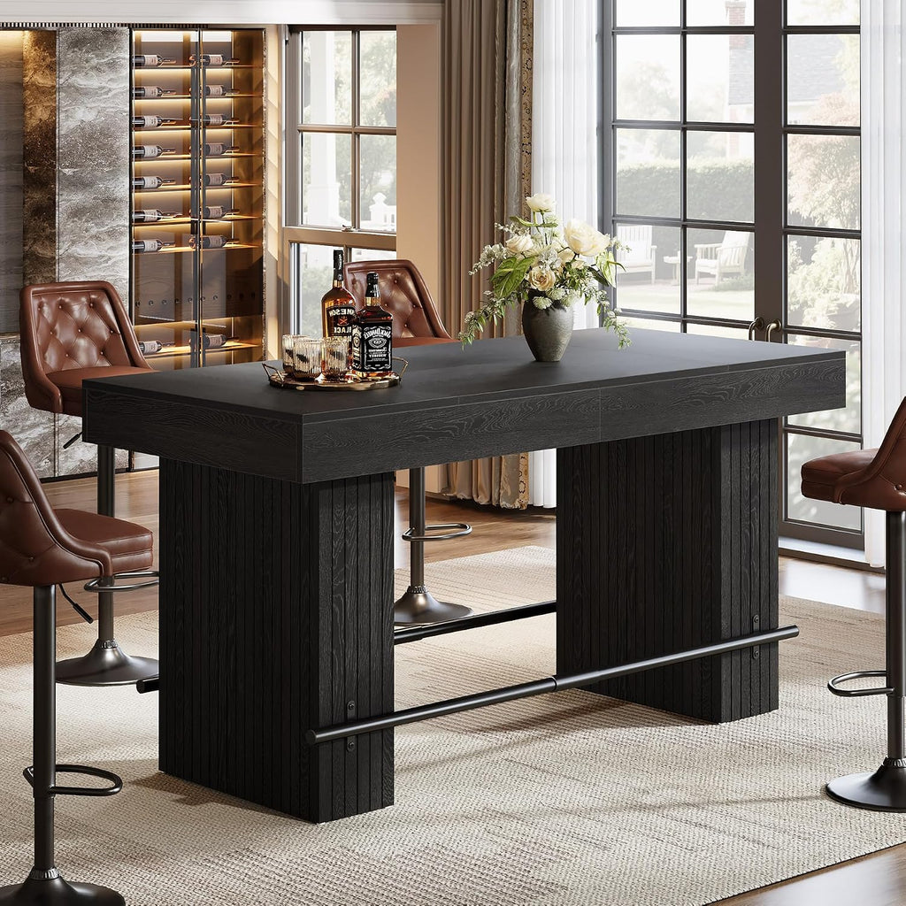 Tribesigns 62.2 Inch Bar Table, Industrial Counter Height Pub Dining Table, Rectangular Home Bar Units with Metal Footrest for Home Kitchen, Dining Room, Bistro, Black
