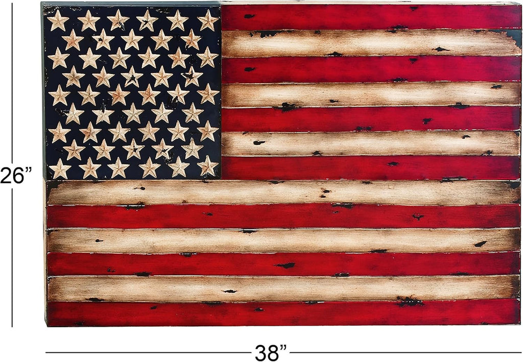 Deco 79 Metal American Flag Home Wall Decor Indoor Outdoor Wall Sculpture, Wall Art 38" x 2" x 26", Red