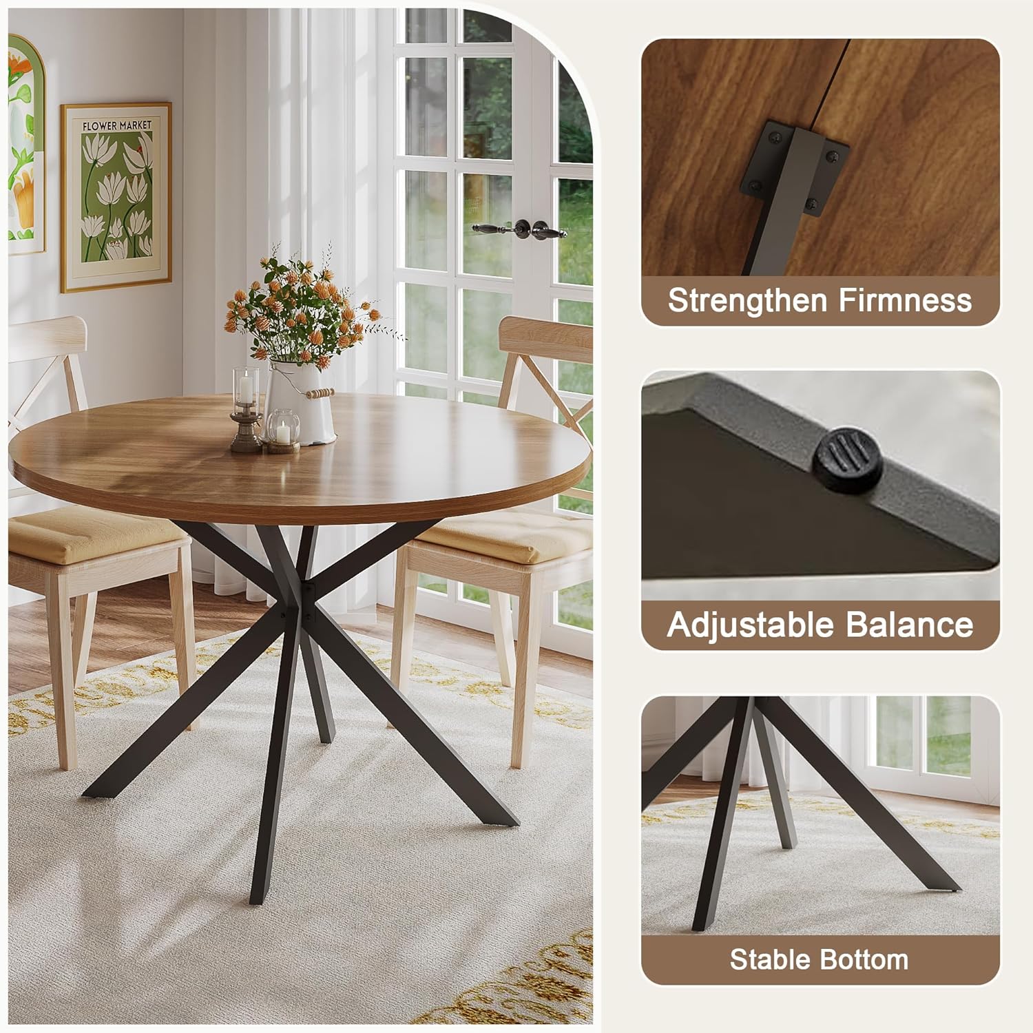 ChooChoo 47.2 Inch Round Dining Table for 4, Farmhouse Wood Kitchen Table, Round Dinner Table for Kitchen & Dining Room, Walnut