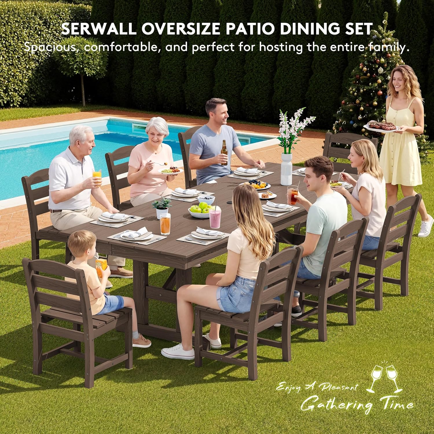 SERWALL Outdoor Armless Dining Chairs Set of 4, All-Weather HDPE Patio Dining Chair with 19.7" Widened Seat, for Backyard, Deck, Lawn and Garden, Brown