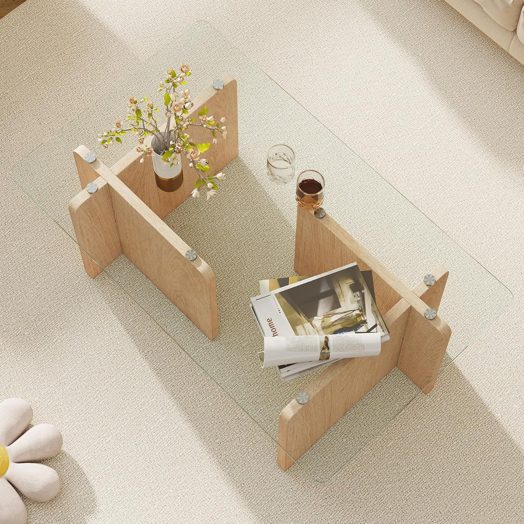 Miereirl Modern Glass Coffee Table, Rectangle Coffee Table Glass Top with Sturdy Wooden Base, Small Glass Wood Coffee Table for Living Room, Apartment, Office, Easy Assembly (Natural)