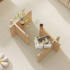 Miereirl Modern Glass Coffee Table, Rectangle Coffee Table Glass Top with Sturdy Wooden Base, Small Glass Wood Coffee Table for Living Room, Apartment, Office, Easy Assembly (Natural)