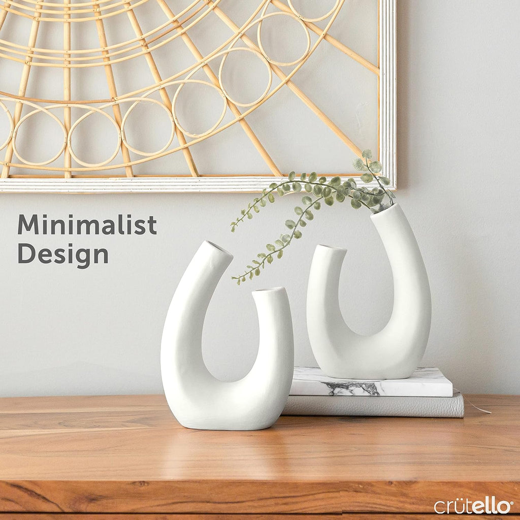 Crutello Minimalist White Ceramic U Style Vase - Set of 2 Modern Home Decor for Mantles, Bookshelves, Tables, Entryways