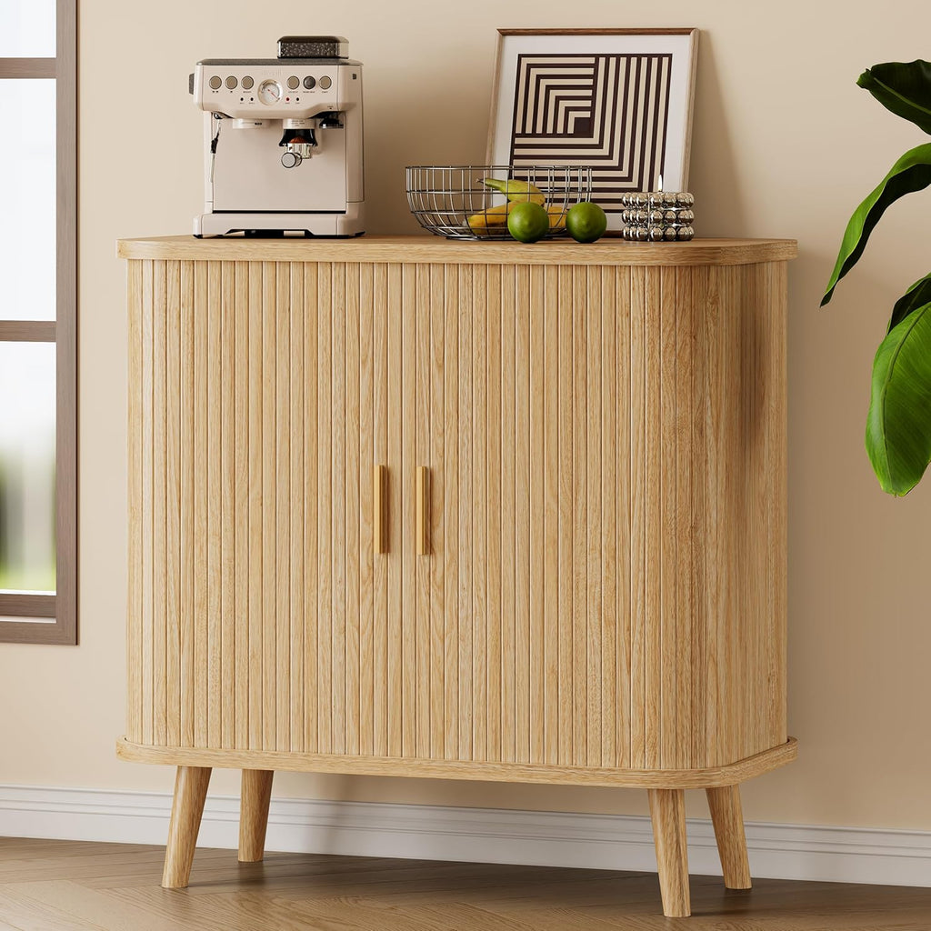 Xixini Sideboard Buffet Cabinet with Sliding Door, 31.5" Wide Fluted Modern Accent Cabinet with Adjustable Shelves, Wood Coffee Bar Buffet Console Table for Kitchen, Dining Room, Living Room, Oak
