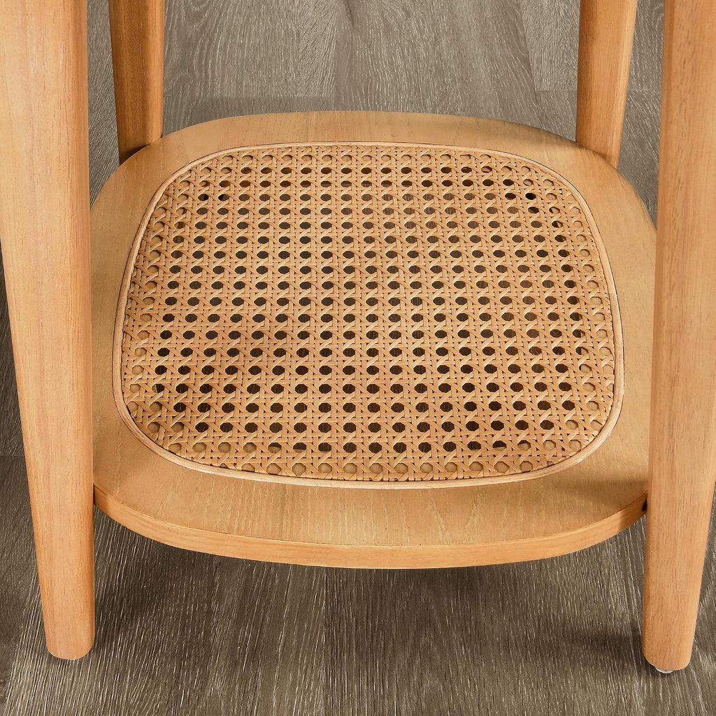 Boho End Table with Rattan Storage Shelf ,Square Sofa Beside Tables with Rounded Corners, Small Telephone Table- for Living Room, Vintage-Inspired Accent Corner Table, Natural Oak CJZ-D0635-OA