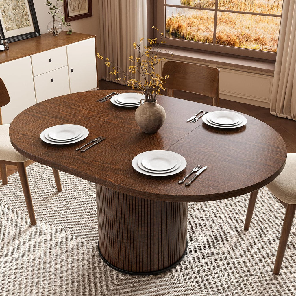 Extendable Round Dining Table for 4-8, 43in-59in Modern Wood Dining Room Table with Removable Leaves, Extendable Dinner Tables w/Heavy Duty Base for Kitchen|Living Room|Small Space, Walnut