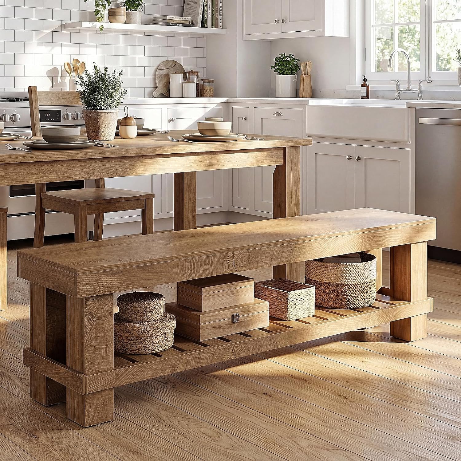 Tribesigns 63" Long Entryway Dining Bench with Slatted Shelf, Farmhouse Wooden Indoor Bench Seat with Storage for Dining Table, Hallway, Mudroom, Bedroom, Living Room