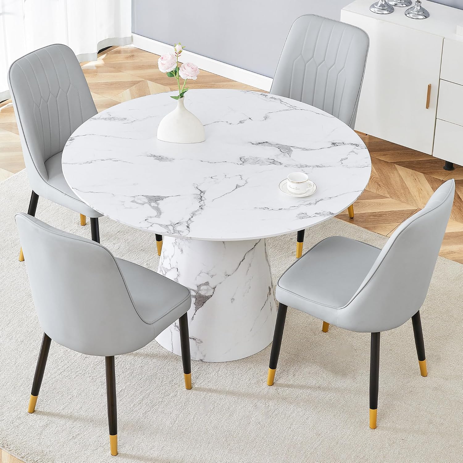 JUFU Round Dining Table Set for 4, 45" Modern Faux Marble Kitchen Table and Upholstered Chairs, 5 Piece Small Circle Dinette Set for Dining Room, Kitchen