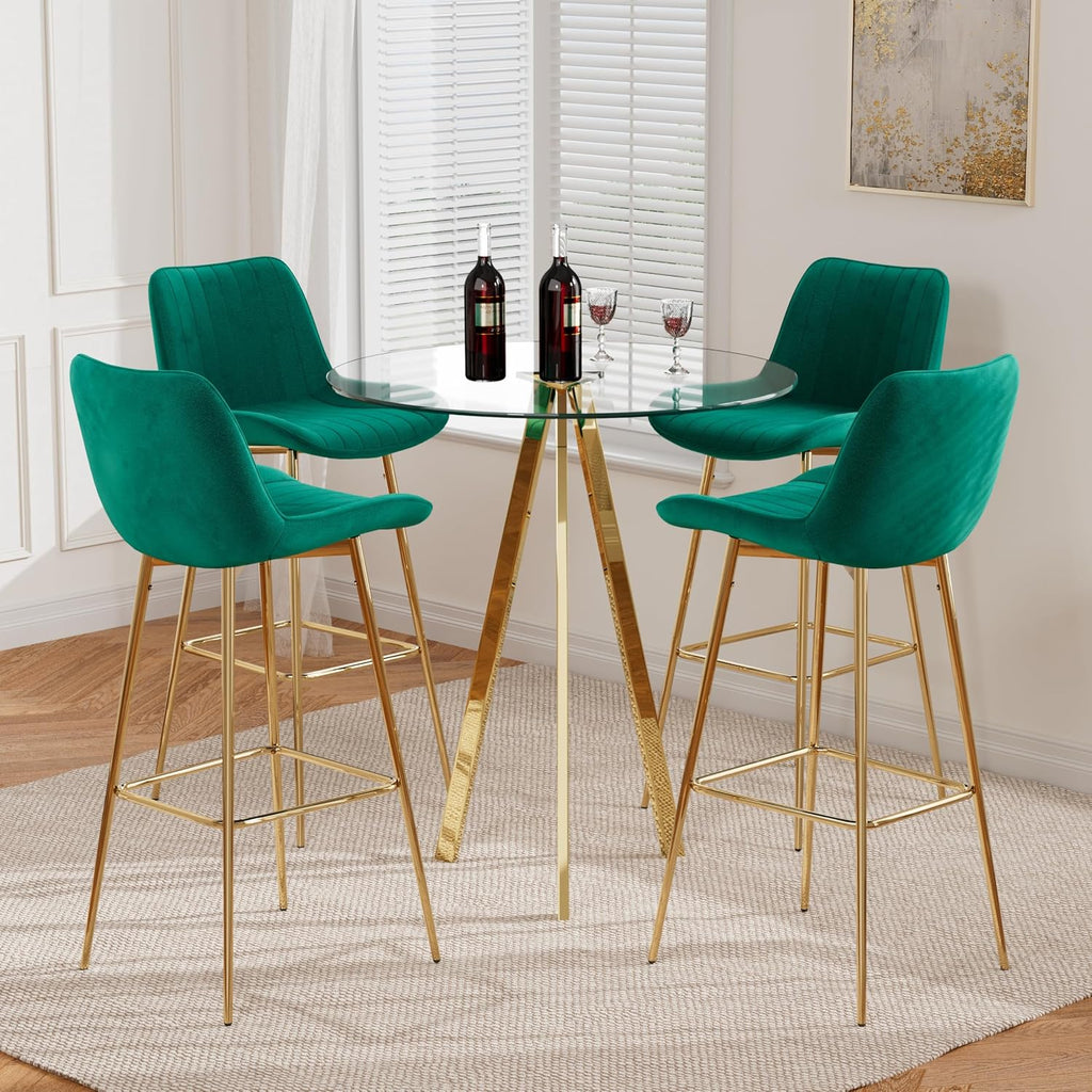 5 Piece Pub Dining Set, Modern Round Bar Table and Chairs for 4, 30" Counter Height Barstools and Glass Kitchen Table Set, 31" Small Dining Table with 4 Stools(Green)