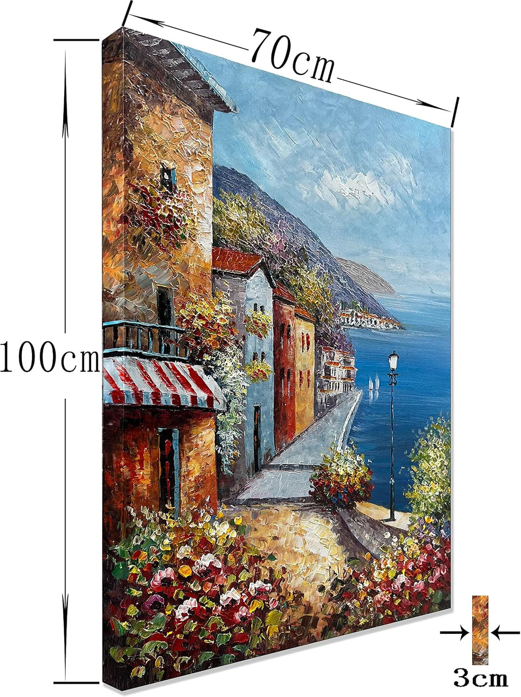 Alenoss Hand Painted Acrylic Large Abstract Modern Oil Paintings on Canvas 28x40 Inches Vertical Wall Art Mediterranean Sea Cityscape Blue Artwork Wall Decor Home Decorations
