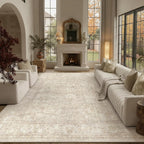 PureCozy 8x10 Beige Living Room Area Rug Vintage Washable Non Slip Indoor Carpet Distressed Low Pile Soft Retro Accent Throw Large Rug for Bedroom Dining Room Office