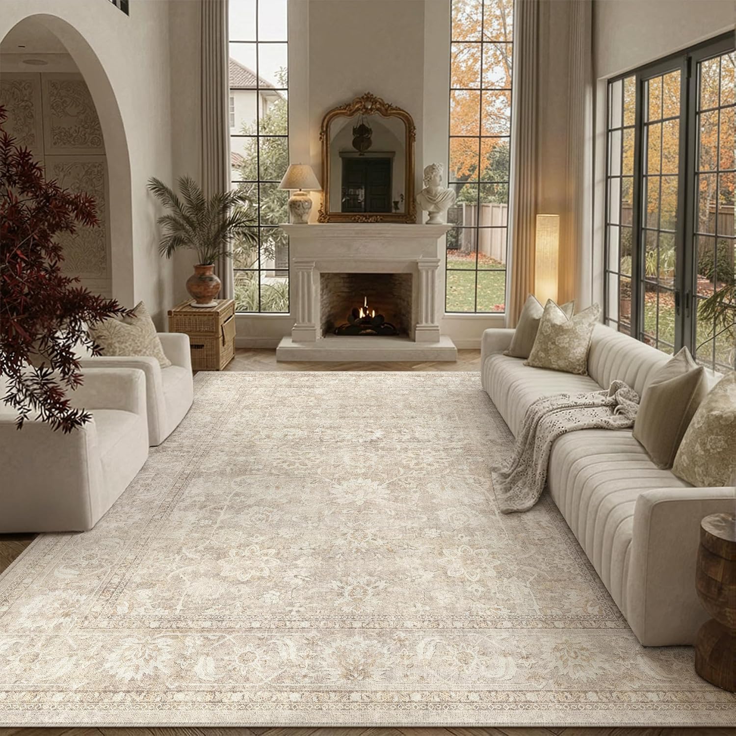 PureCozy 8x10 Beige Living Room Area Rug Vintage Washable Non Slip Indoor Carpet Distressed Low Pile Soft Retro Accent Throw Large Rug for Bedroom Dining Room Office