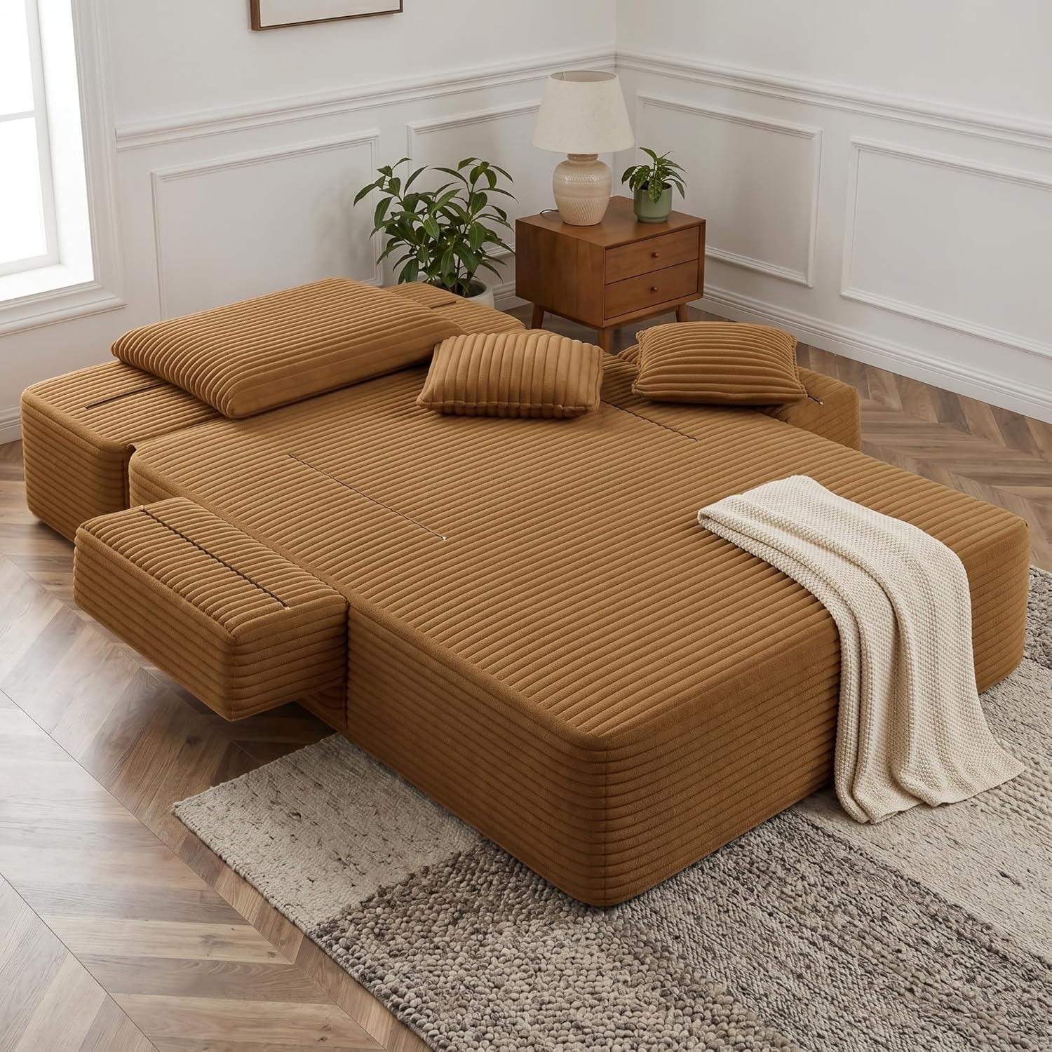 61 inch Boneless Chaise Lounge Chair Indoor, Oversized Corduroy Lounge, Deep Seat Sofa Bed for Living Room, Comfy Reading Nook Chair for Small Spaces, No Assembly Required, Camel