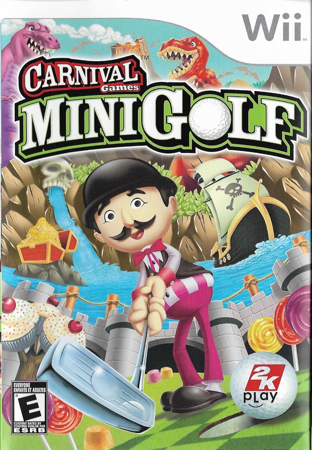 Wii Nintendo Console Bundle + Carnival Games Mini Golf Game Disc | White RVL-001 System Also Compatible w/Gamecube Games | Includes 1x Remote Controller, Nunchuck, Sensor Bar, Cables & AC Adapter (Renewed)