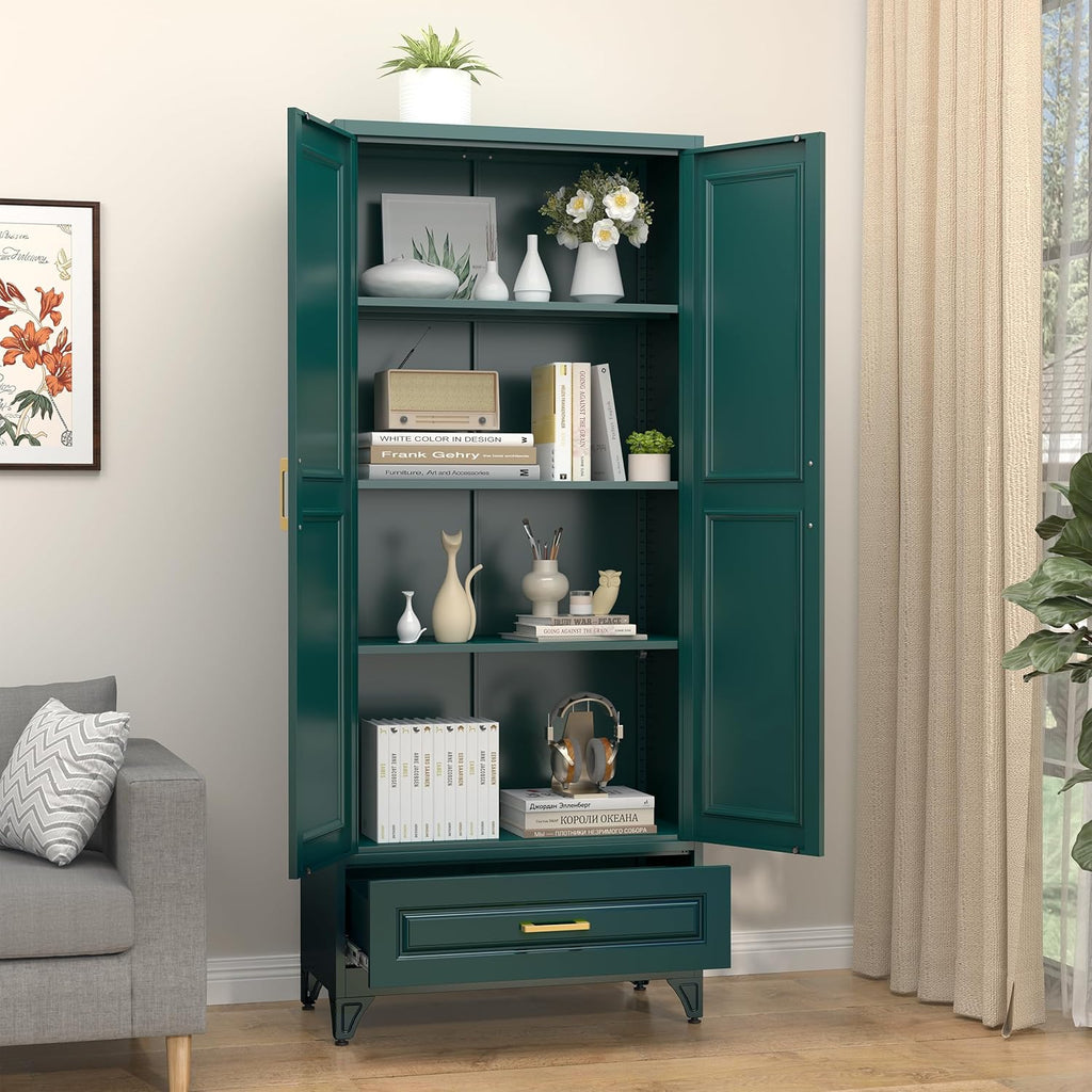 SteeLoong 75" Kitchen Pantry Cabinet with Drawer, Metal Storage Cabinets with Doors and 3 Adjustable Shelves,Green Kitchen Cabinet with 2 Gold Handles,Food Cupboard for Livingroom,Pantry, Bathroom