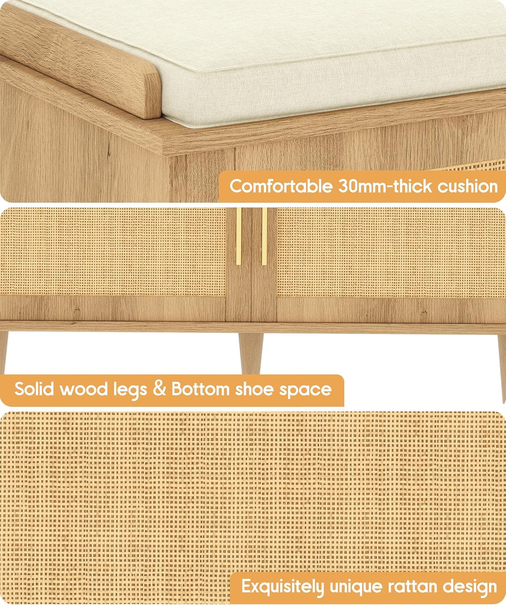 Akxomel Rattan Shoe Storage Bench with Cushion, 2-Tier Entryway Bench with Adjustable Shelves and 2 Doors, 15" D x 39.4" W x 20" H, Solid Wood Legs, for Hallway, Living Room, Bedroom, Natural Oak