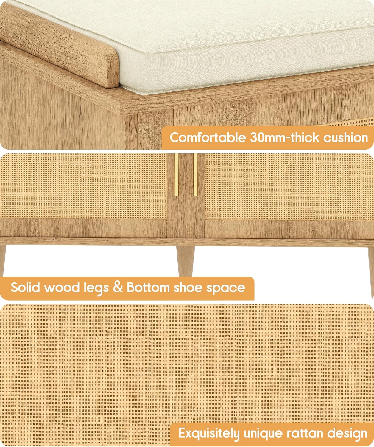 Akxomel Rattan Shoe Storage Bench with Cushion, 2-Tier Entryway Bench with Adjustable Shelves and 2 Doors, 15" D x 39.4" W x 20" H, Solid Wood Legs, for Hallway, Living Room, Bedroom, Natural Oak