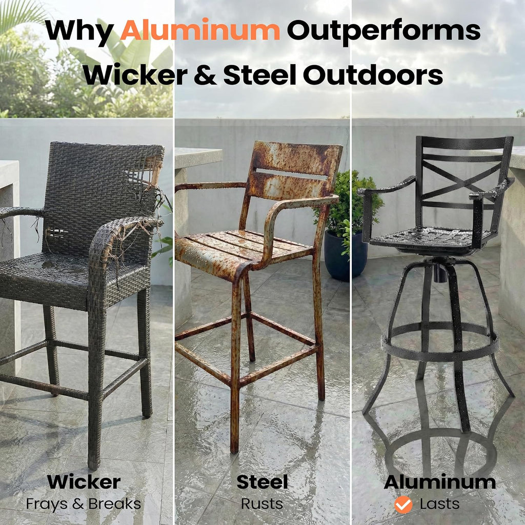 Pellebant Swivel Aluminum Outdoor Bar Stools Set of 4, 30" Patio Bar Height Bar Stools with Sunbrella Cushion & Back, Anti-Rust Barstools for Deck Backyard Garden, Spectrum Denim
