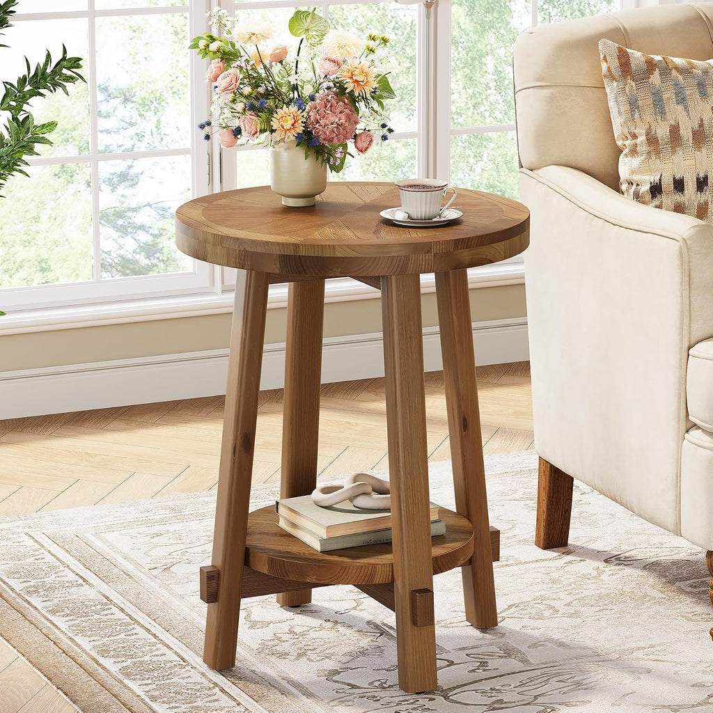 Solid Wood Side Table for Living Room, Small Round End Table with 2-Tier Storage, Farmhouse Wooden Circle Bedside Nightstand for Small Spaces, Bedroom, Brown