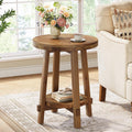 Solid Wood Side Table for Living Room, Small Round End Table with 2-Tier Storage, Farmhouse Wooden Circle Bedside Nightstand for Small Spaces, Bedroom, Brown