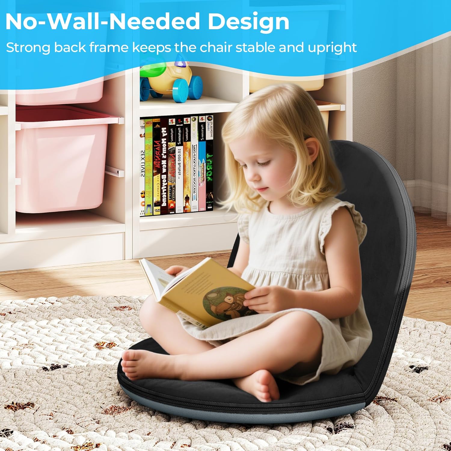 Floor Chair, 5-Position Foldable Floor Chair for Kids with Adjustable Back, Soft Sponge & Velvetean Cover, for Adults and Kids, Indoor Outdoor Use, Meditation, Gaming, Camping (Black)