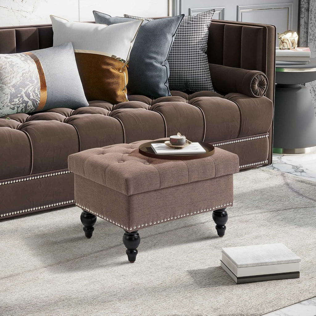 Versatile Upholstered Storage Ottoman with Tufted Lid and Nailhead Trim for Living Room, Bedroom or Entryway