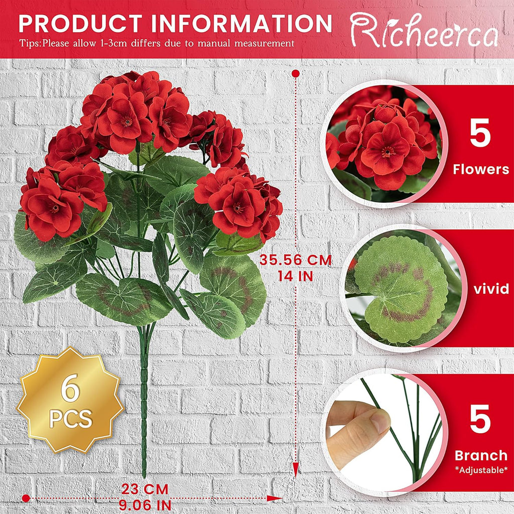 6 PCS 14" Artificial Geranium Flowers for Outdoors, Realistic Artificial Flowers UV Resistant Silk Faux Geraniums for Garden Planter Windowsills Patios Wedding Outdoor Home Decor, Red
