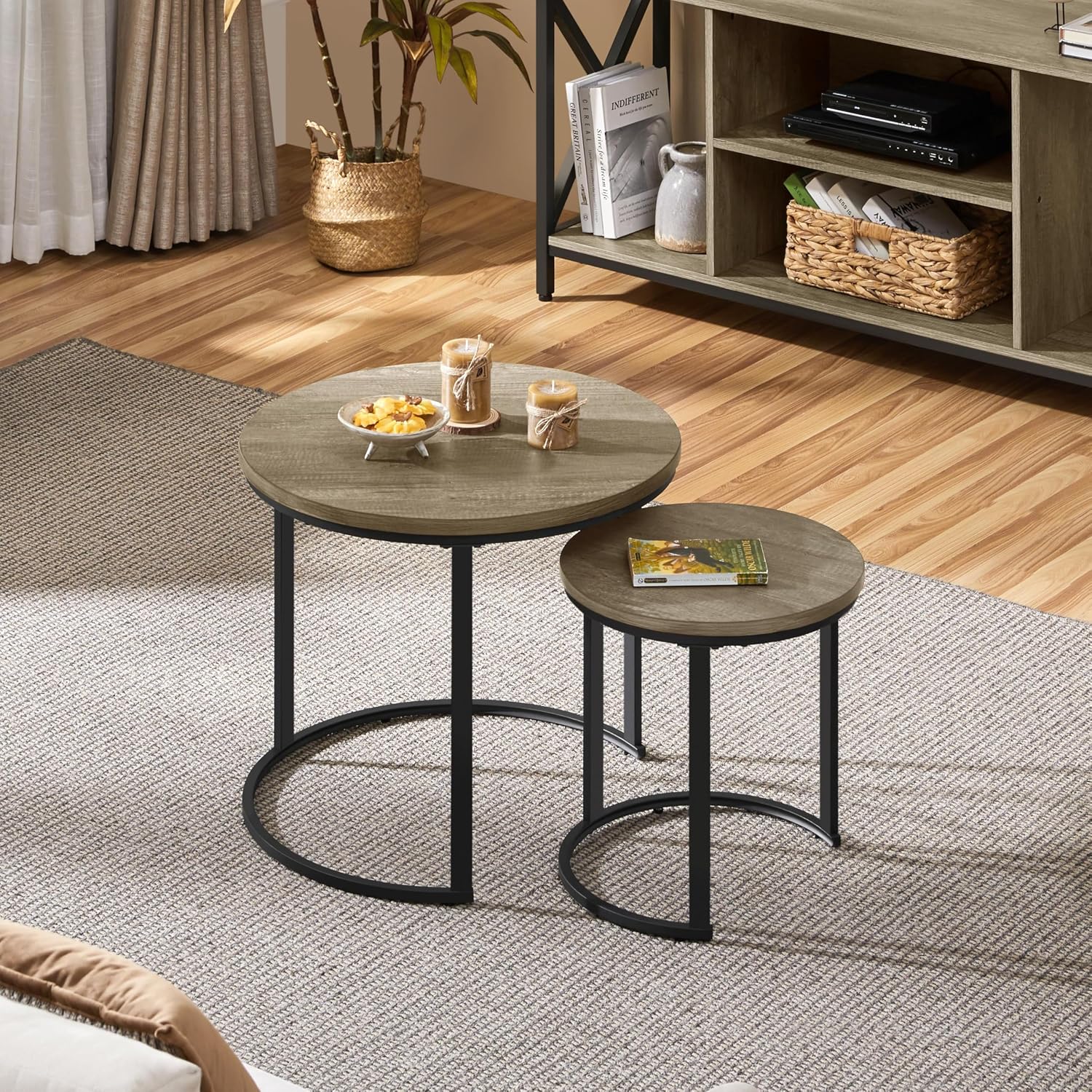 Yaheetech Nesting End Table Set of 2, Rustic Stacking Side Tables, Round Wooden Tabletop and Sturdy Metal Base for Living Room, Tea Room, Small Space, Gray | Nesting Table