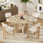 5-Piece Scandinavian Minimalist Round Dining Table Set, 47" Solid Wood Table with Sculpted Open Base + Beige Chenille Chairs for Kitchens & Dining Areas