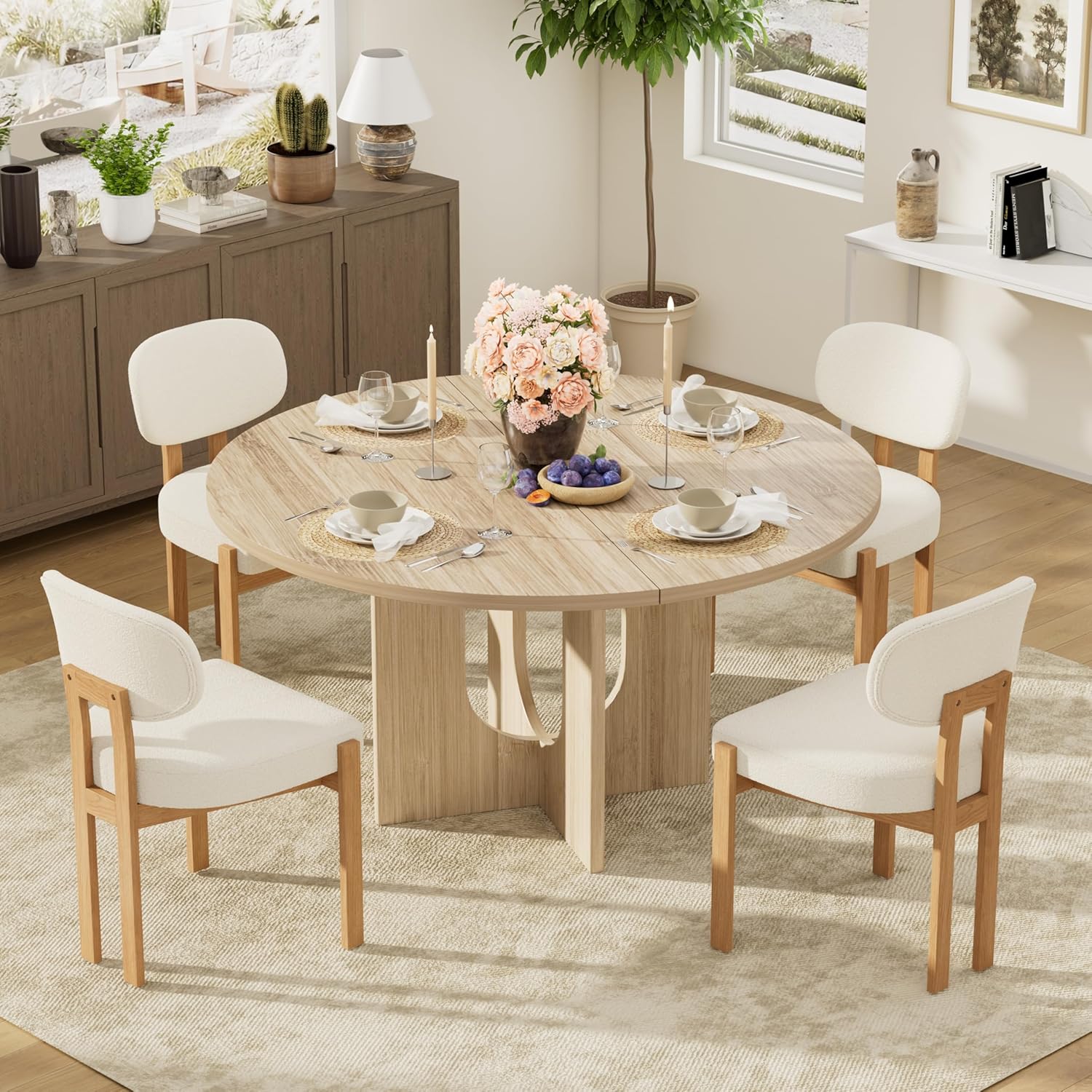 5-Piece Scandinavian Minimalist Round Dining Table Set, 47" Solid Wood Table with Sculpted Open Base + Beige Chenille Chairs for Kitchens & Dining Areas