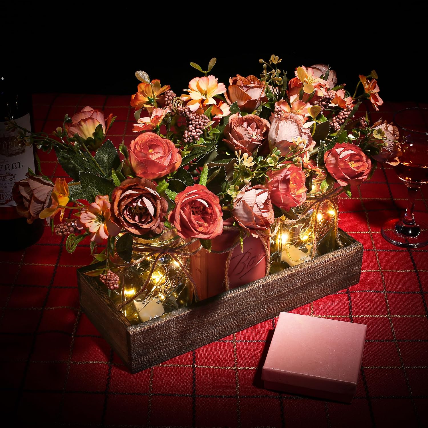 3 Pcs Mason Jar Centerpiece Table Decorations for Dining Table Decor Farmhouse Coffee Table Decor with Wood Tray and Led Light Table Centerpieces for Dining room Kitchen Living Bathroom,Orange