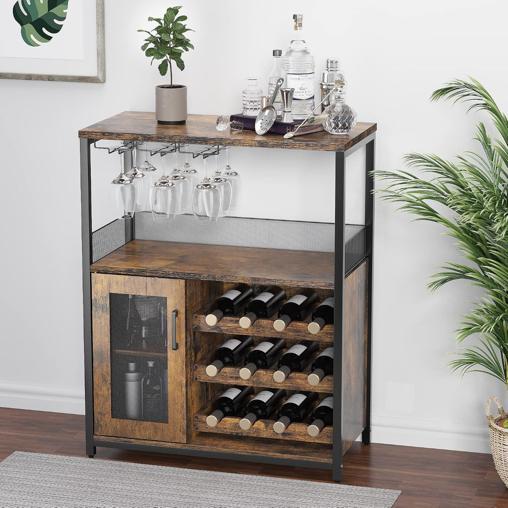 GarveeHome 3-Tier Wine Bar Cabinet with Detachable Wine Rack, Liquor Cabinet with Storage, Coffee Bar Cabinet with Glass Holder & Mesh Door, Sideboard Buffet Bar for Living Room, Dining Room, Brown