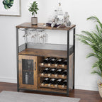 IDEALHOUSE 3-Tier Wine Bar Cabinet with Detachable Wine Rack and Drawer, Industrial Sideboard and Buffet Cabinet with Glass Holder and Mesh Door, Rustic Brown