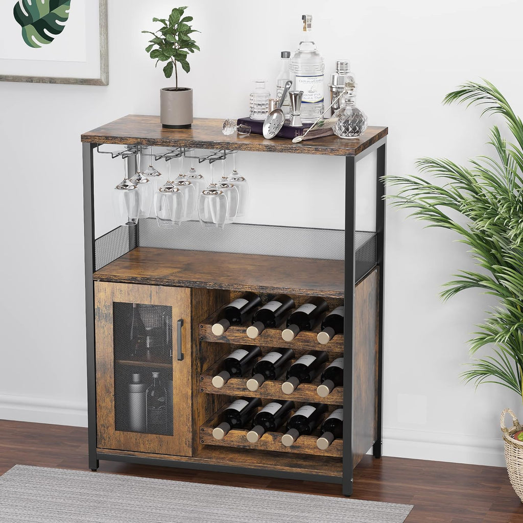 Amyove Wine Bar Cabinet with Detachable Wine Rack, Bar Rack with Glass Holder, Small Sideboard and Buffet Cabinet with Mesh Door, Rustic Brown