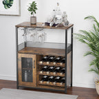 Amyove Wine Bar Cabinet with Detachable Wine Rack, Bar Rack with Glass Holder, Small Sideboard and Buffet Cabinet with Mesh Door, Rustic Brown